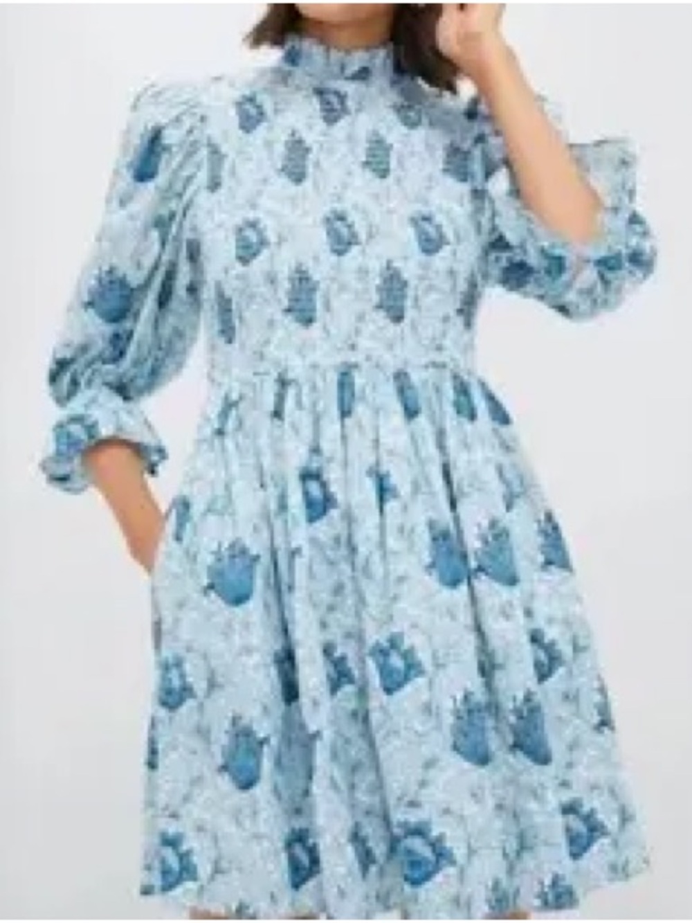 Blue Floral High-Neck Puff-Sleeve Midi Dress